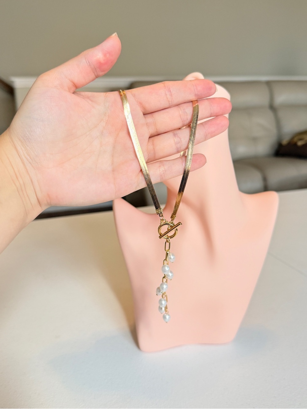 Gold Toggle Necklace with White Pearl Drop - Picture 8 of 11